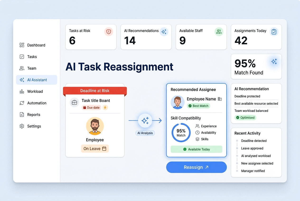AI reassignment recommendation: a deadline-at-risk task moved from a staff member on leave to a 95% skill-match colleague